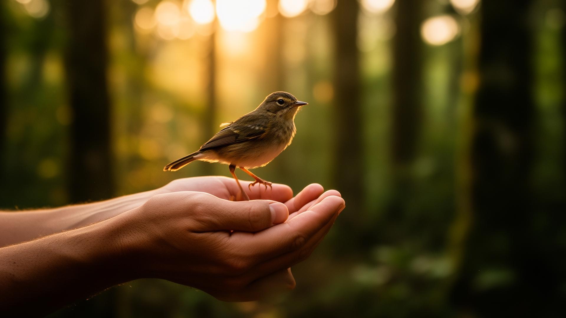 A small bird being released from a pair of cupped hands at sunset.