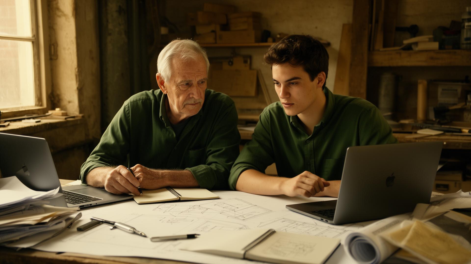 A senior mentor and a junior professional working together at a cluttered desk.