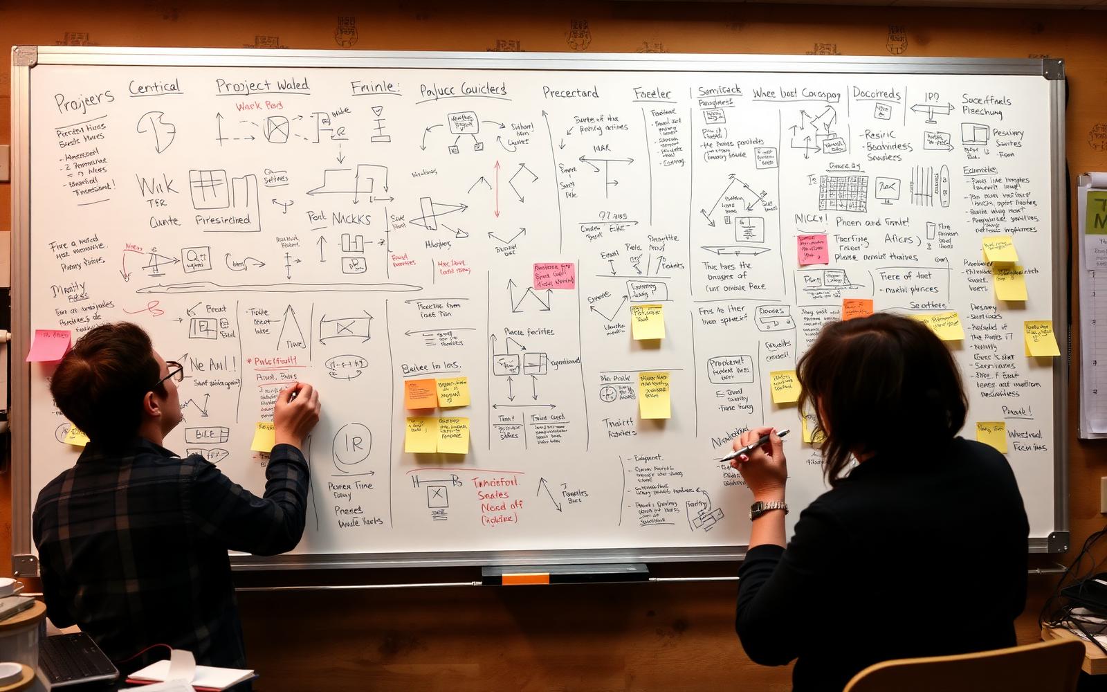 A whiteboard at The Yard covered in real project diagrams and sticky notes.